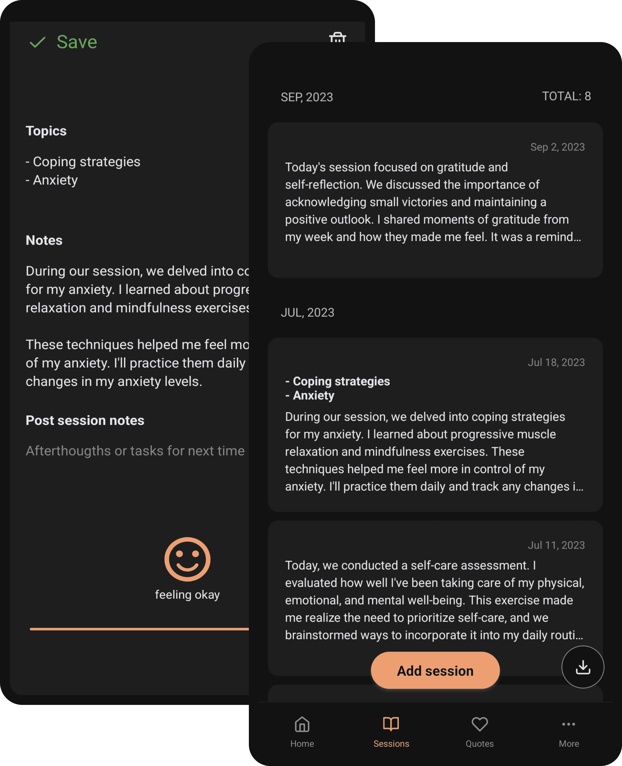 App screenshot showing the dark theme version of Therapeze dashboard with a link to the therapy notes screen and a button to create a new therapy note